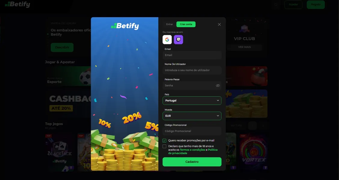 Registar através do Aplicativo Betify